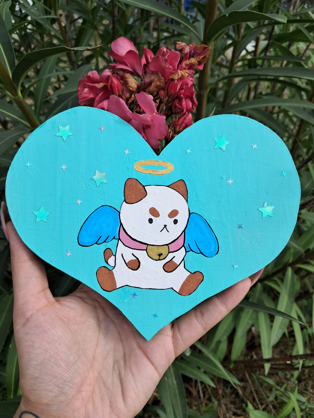 Hand painted kitty angel heart