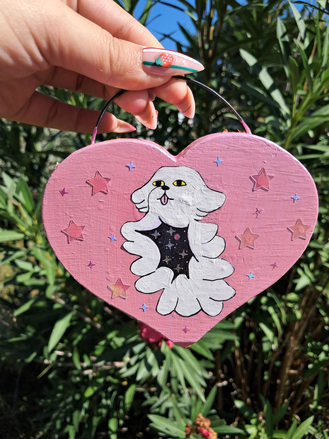 Hand painted pink glitter heart space pup