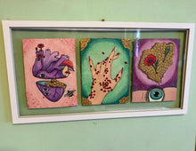 Lade das Bild in den Galerie-Viewer, Original Psychedelic Art Tryptic Series Symbolic Mushroom Surreal Eye Poppy Flowers Heart Honeycomb Custom Floating Frame
