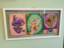 Lade das Bild in den Galerie-Viewer, Original Psychedelic Art Tryptic Series Symbolic Mushroom Surreal Eye Poppy Flowers Heart Honeycomb Custom Floating Frame
