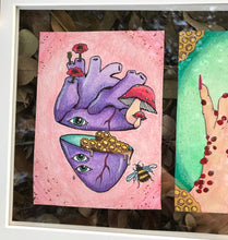 Cargar imagen en el visor de la galería, Original Psychedelic Art Tryptic Series Symbolic Mushroom Surreal Eye Poppy Flowers Heart Honeycomb Custom Floating Frame

