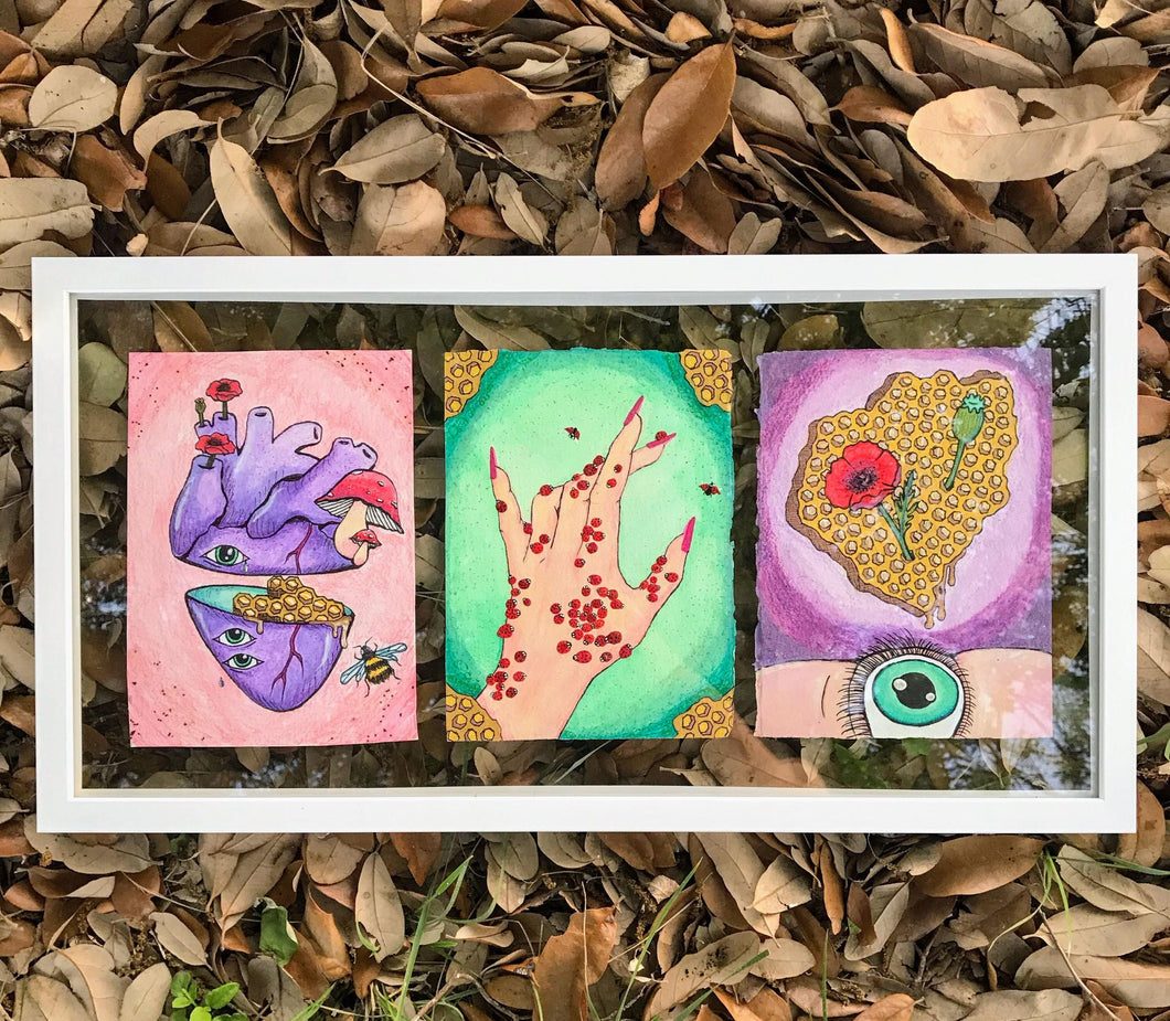 Original Psychedelic Art Tryptic Series Symbolic Mushroom Surreal Eye Poppy Flowers Heart Honeycomb Custom Floating Frame