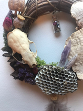 Load image into Gallery viewer, Forest wreath real wasp nest mink skull poppy pods porcupine quills amethyst crystals turkey tail mushroom preserved fungi insect terrarium
