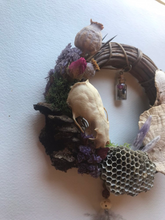 Load image into Gallery viewer, Forest wreath real wasp nest mink skull poppy pods porcupine quills amethyst crystals turkey tail mushroom preserved fungi insect terrarium
