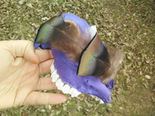 Load image into Gallery viewer, Departed Dreamer Real Skull Bone Art Dream Catcher Iridescent Feathers Blue Angel Aura Quartz Crystal Purple Skull Fragment Dark Art
