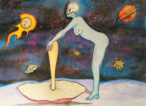 Original Framed Psychedelic Artwork Trippy Mushroom Outer Space UFO Hallucinogenius Marilyn Monroe pose Umbrella psychedelic mushroom