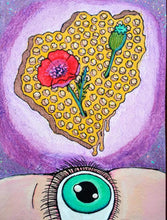Cargar imagen en el visor de la galería, Original Psychedelic Art Tryptic Series Symbolic Mushroom Surreal Eye Poppy Flowers Heart Honeycomb Custom Floating Frame

